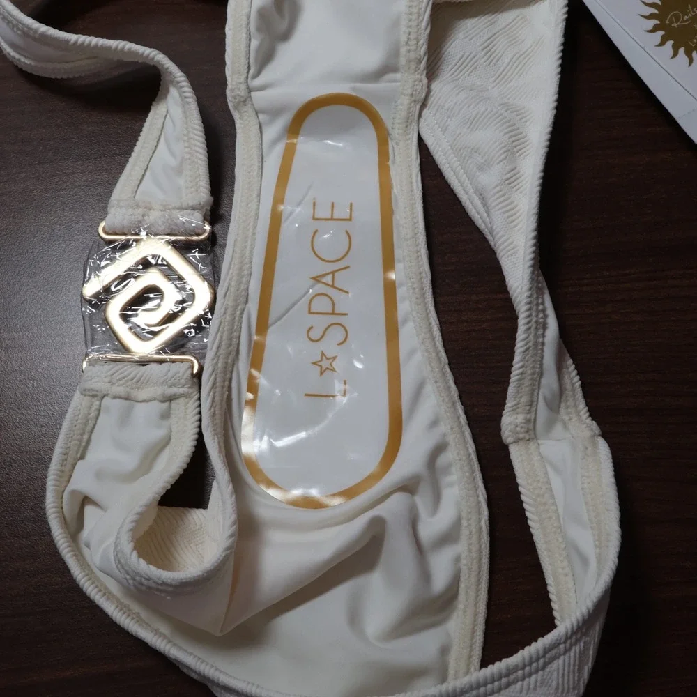 LSpace Aziza Bikini Bottom Women M Cream High Leg Bitsy Cut Gold Hardware $99NWT
